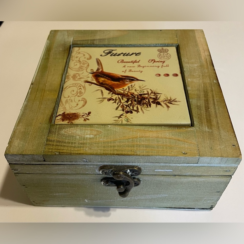 (6" Square) Decorative Wooden Box with Bird Design